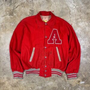 Vtg AGAR Letterman Jacket Mens S/M Red Corduroy 50s 60s Felt A Patch Mid-Century